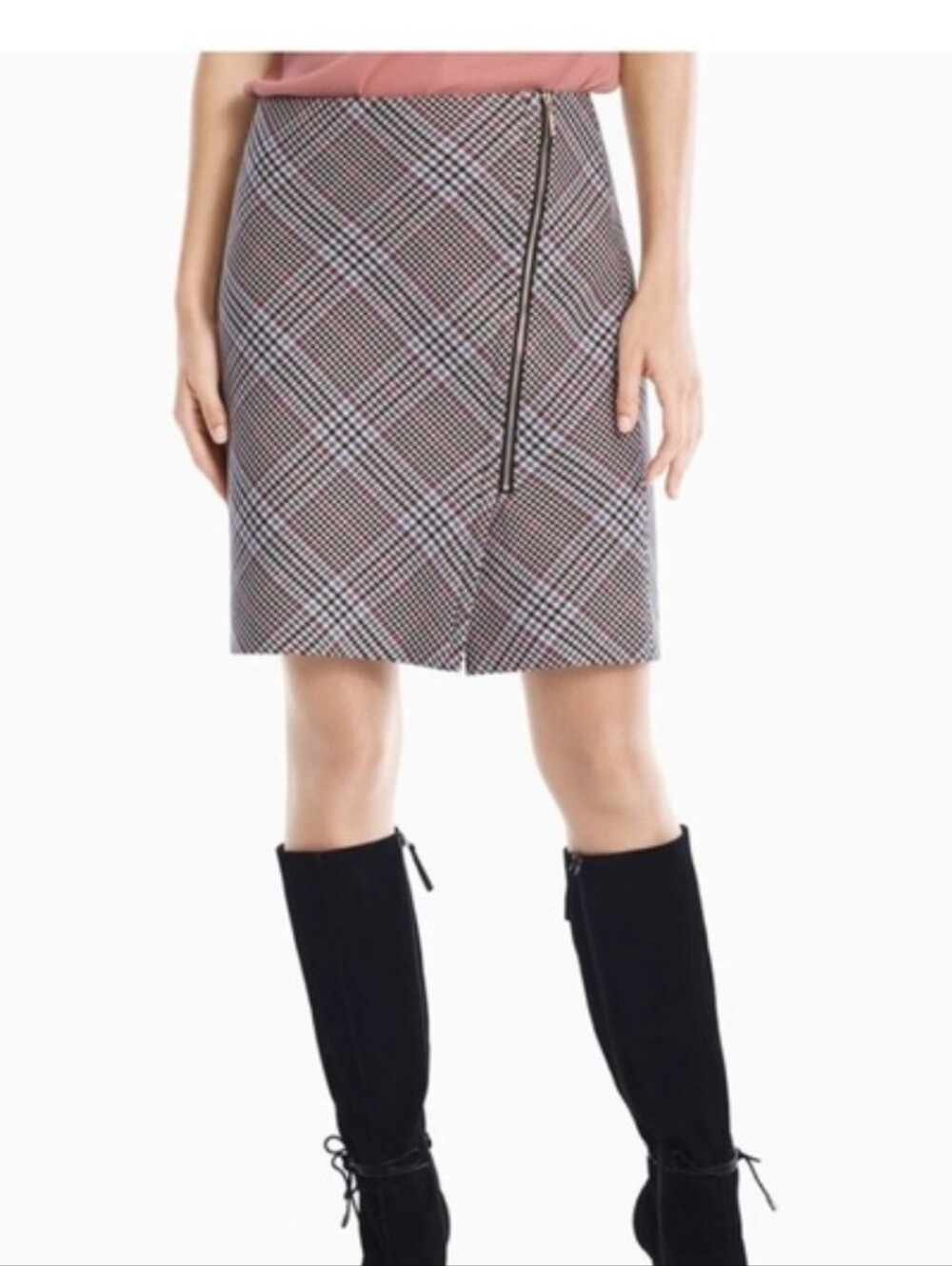 White House Black Market | Black/Pink/Blue Plaid Zip-Front Skirt